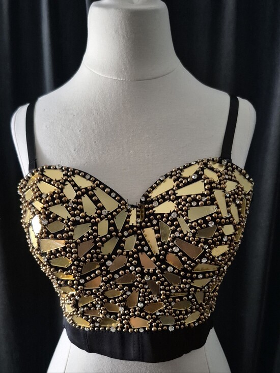 Tops - Black and Gold Embellished Bustier With Mirror